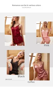 Detailed comparison of lace trim pajamas in burgundy, pink, black, and coffee colors