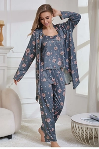 Detailed close-up of dark grey floral satin pajama set featuring three-piece loungewear design