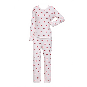 Women's white pajama set with red heart print featuring long sleeves and ribbed texture