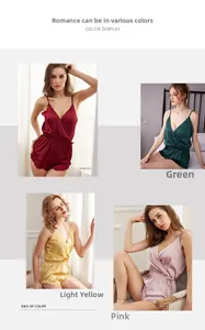 Collage of silk satin jumpsuits in burgundy, green, yellow, and mauve with v-neck and frill hem
