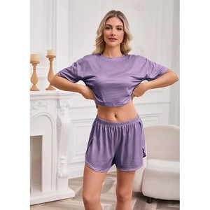 Women's Casual Knitted Striped Loungewear Round Neck Short Sleeve Top And Elastic Waist Shorts Summer Home Wear