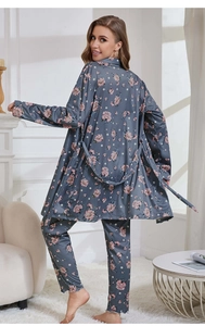 Detailed back view of grey-blue floral satin robe and pants with lettuce trim design