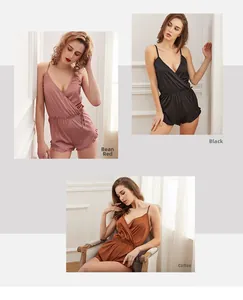 Detail of satin sleeveless rompers shown in bean red, black, and coffee colors with lace trim