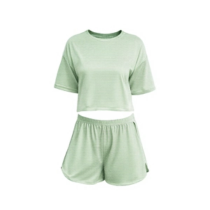 Women's two-piece striped loungewear set with round neck short sleeves and elastic shorts