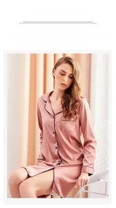 Pink satin ice silk nightgown with contrast piping, lapel collar and button closure