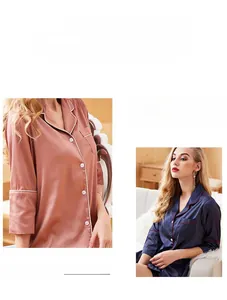 Detail of silk pajamas featuring classic lapels and contrasting piped edges in two colors