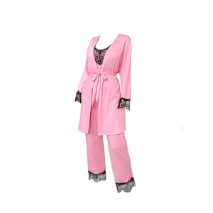 Pink ice silk 3-piece pajama set with lace trim featuring a robe, camisole, and long pants