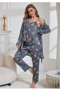 Three-piece women's pajama set featuring a floral robe, camisole, and matching trousers