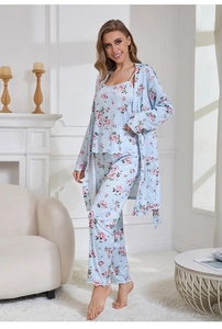 Detailed view of light blue three-piece floral pajamas set with robe and pants