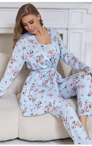 Detail view of light blue three-piece floral pajamas set with robe and trousers