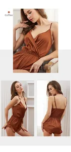 Detail of coffee satin romper sleepwear with spaghetti straps and ruffled hem