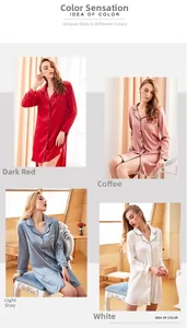 Detail of silk-like satin pajama robe showing four colors with contrast piping