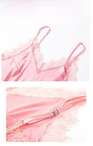 Detail of pink satin camisole with eyelash lace V-neckline and adjustable straps