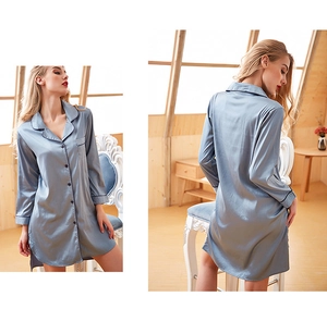 Detailed front and back view of blue satin nightgown with contrast piping detail