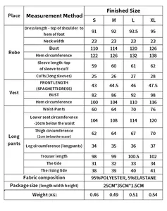 Detailed size chart for women's 3-piece loungewear set including robe, vest, and pants