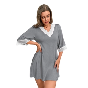 Grey modal nightgown with white lace V-neck and half sleeves for women lounging