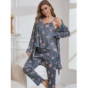 Three-piece floral sleepwear set including camisole, pants, and long robe in navy blue