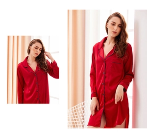 Detail of red satin long sleeve nightgown with navy piping and elegant lapel