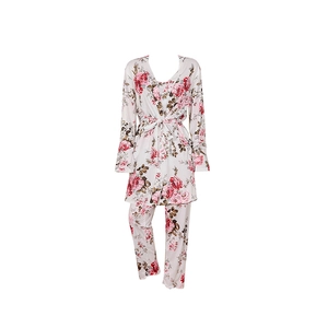 Three-piece women's loungewear set with red rose floral print on cream satin fabric