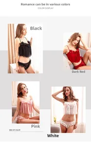 Detailed view of sexy lace floral lingerie set in black, burgundy, rose, and white