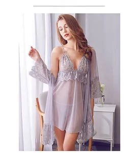 Detailed lace stitching on a sheer purple mesh camisole dress and matching long-sleeved robe
