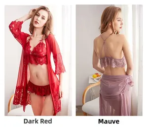 Detail view of lace lingerie set and sheer robe in Jujube Red and Dusty Rose shades