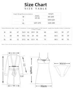 Detailed size chart for lace lingerie 3-piece set including robe and chemise measurements