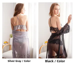 Lace lingerie set with eyelash lace bralette and sheer mesh robe in silver gray and black