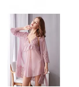 Detailed lace trim and mesh fabric on a two-piece mauve sexy lingerie nightwear set