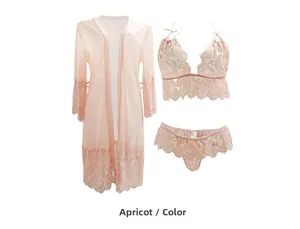 Three-piece apricot lace lingerie set featuring a sheer robe, bra, and matching panties