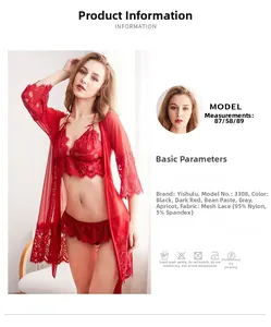 Detailed view of dark red three-piece lace lingerie set with mesh robe and eyelash trim