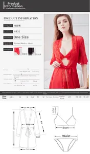 Size chart showing red lace mesh robe set dimensions and fabric specifications