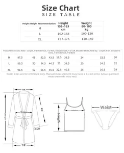 Detailed size chart for lace lingerie set including robe, camisole, and panties