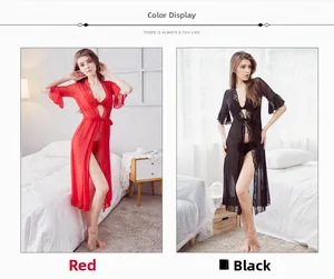 Lace-trimmed mesh robe in red and black colors with delicate semi-transparent fabric