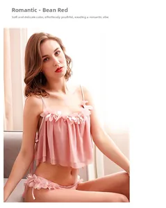 Detailed view of the semi-transparent mesh lace floral lingerie set in romantic bean red