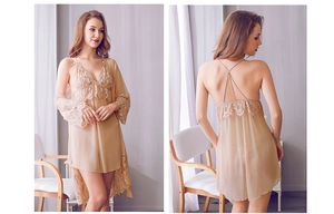 Lace-trimmed champagne gold satin chemise and robe set with elegant cross-back details