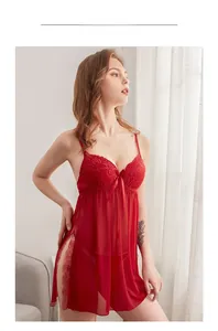 Detailed view of red lace lingerie nightgown with side slit and delicate floral patterns