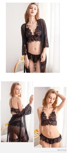 Detailed views of women's black lace lingerie set with robe and eyelash trim