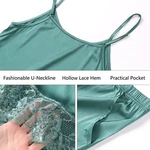 Ensemble de pyjama en satin vert foncé avec dentelle, décolleté en U et short