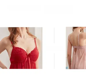 Detail of red lace cups and sheer mesh open-back chemise with adjustable straps and bows