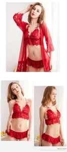 Detailed views of red lace lingerie set featuring a three-piece bra, panty and robe