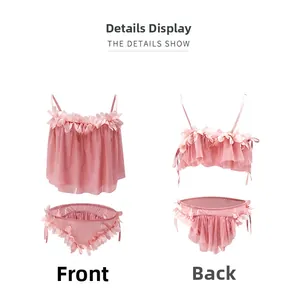Detailed front and back view of pink lace babydoll sleepwear with 3D floral petals