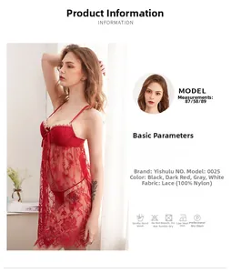 Détails de la nuisette en dentelle rouge avec guide des tailles et tissu en nylon