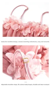 Detail of pink lace sleepwear showing floral neck applique and adjustable straps