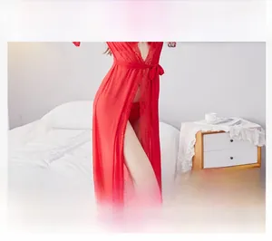 Detail of red sheer mesh and lace nightgown with tie waist for a sensual look