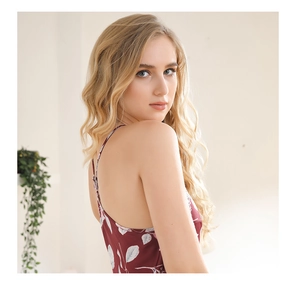 Detail of burgundy floral camisole top showing slim straps and elegant back cut