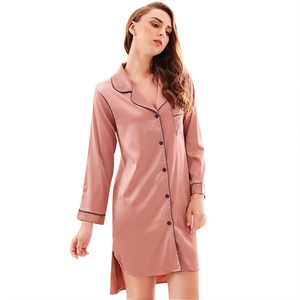 Elegant lotus pink long-sleeved ice silk nightgown with lapel collar and button-down design