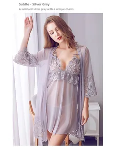 Detail showing sheer silver grey lace mesh nightgown and robe set with delicate texture