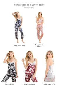 Women's 2-piece floral pajama set showing blue-grey, mauve, black, red, and grey options