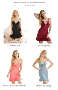 Color options of silk-like V-neck chemise with lace trim and bow knot detail